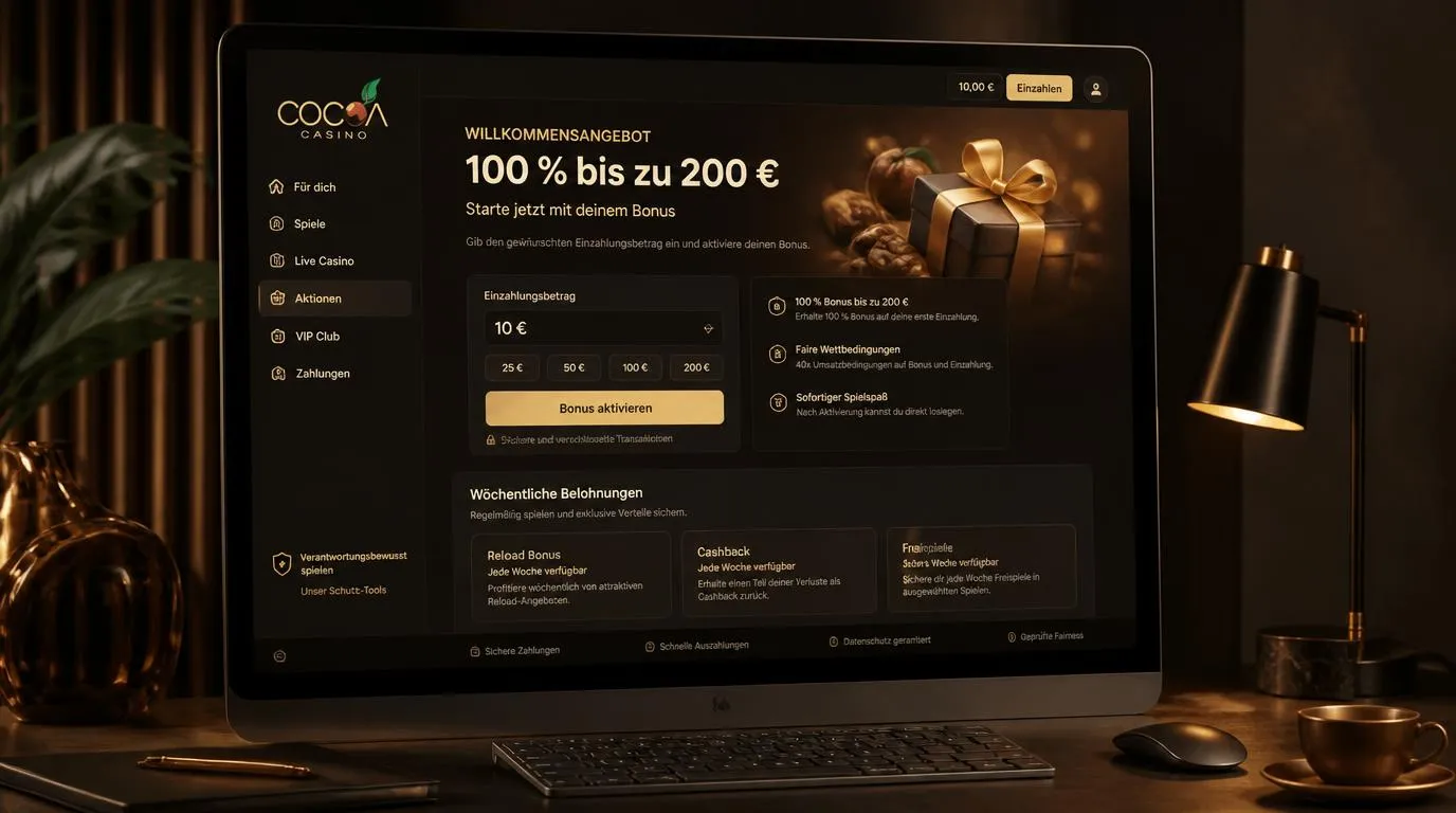 Casino-Bonusbereich mit 100-Prozent-Willkommensangebot und Einzahlung ab 10 Euro