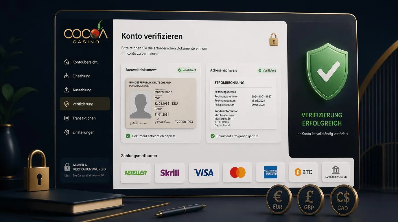 Digitale Identitätsprüfung mit Ausweis, Adressnachweis und sicheren Zahlungsmethoden im Casino-Konto