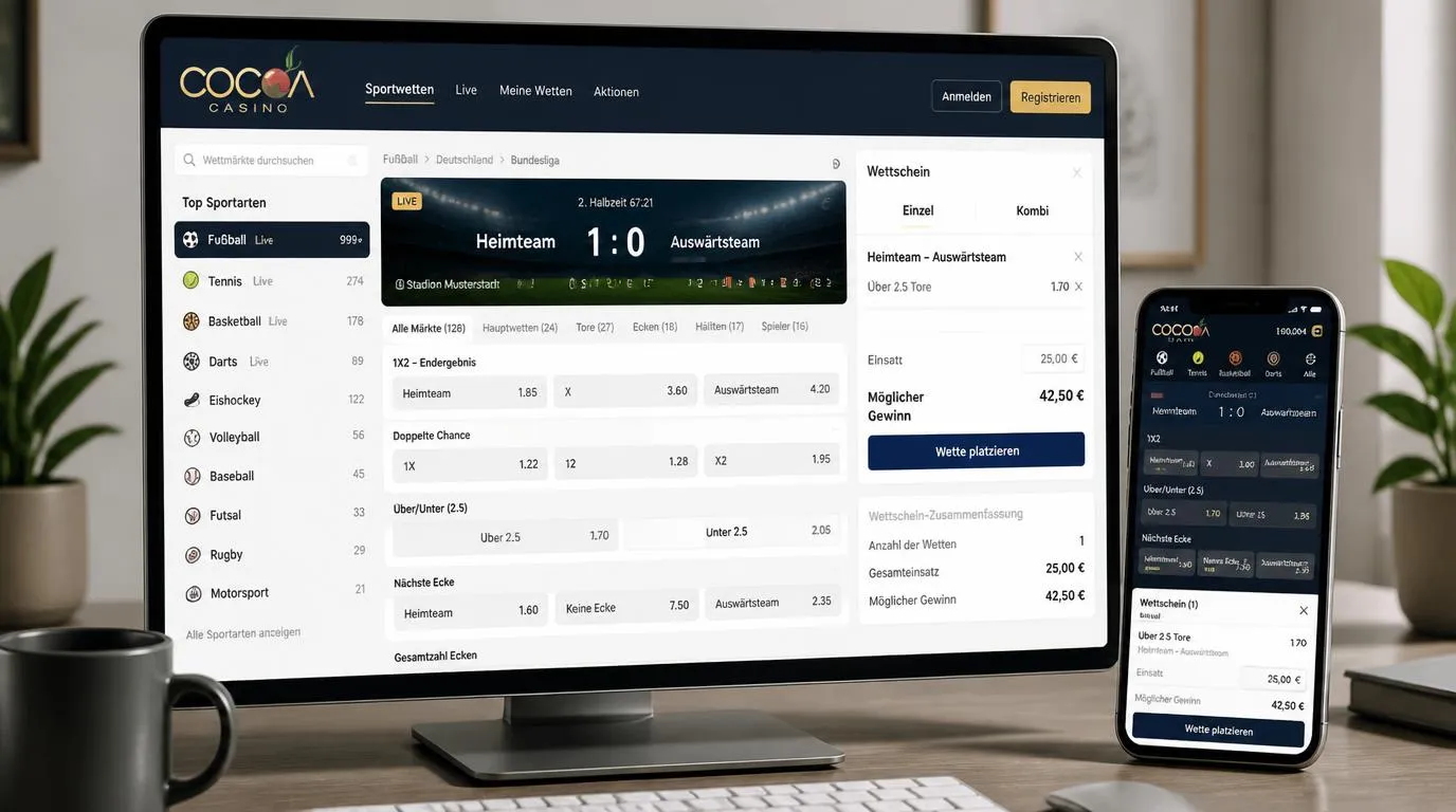 Sportwetten-Wettschein mit Live-Fußballmarkt, Dezimalquoten und Auswahl für Einzel- oder Kombiwetten