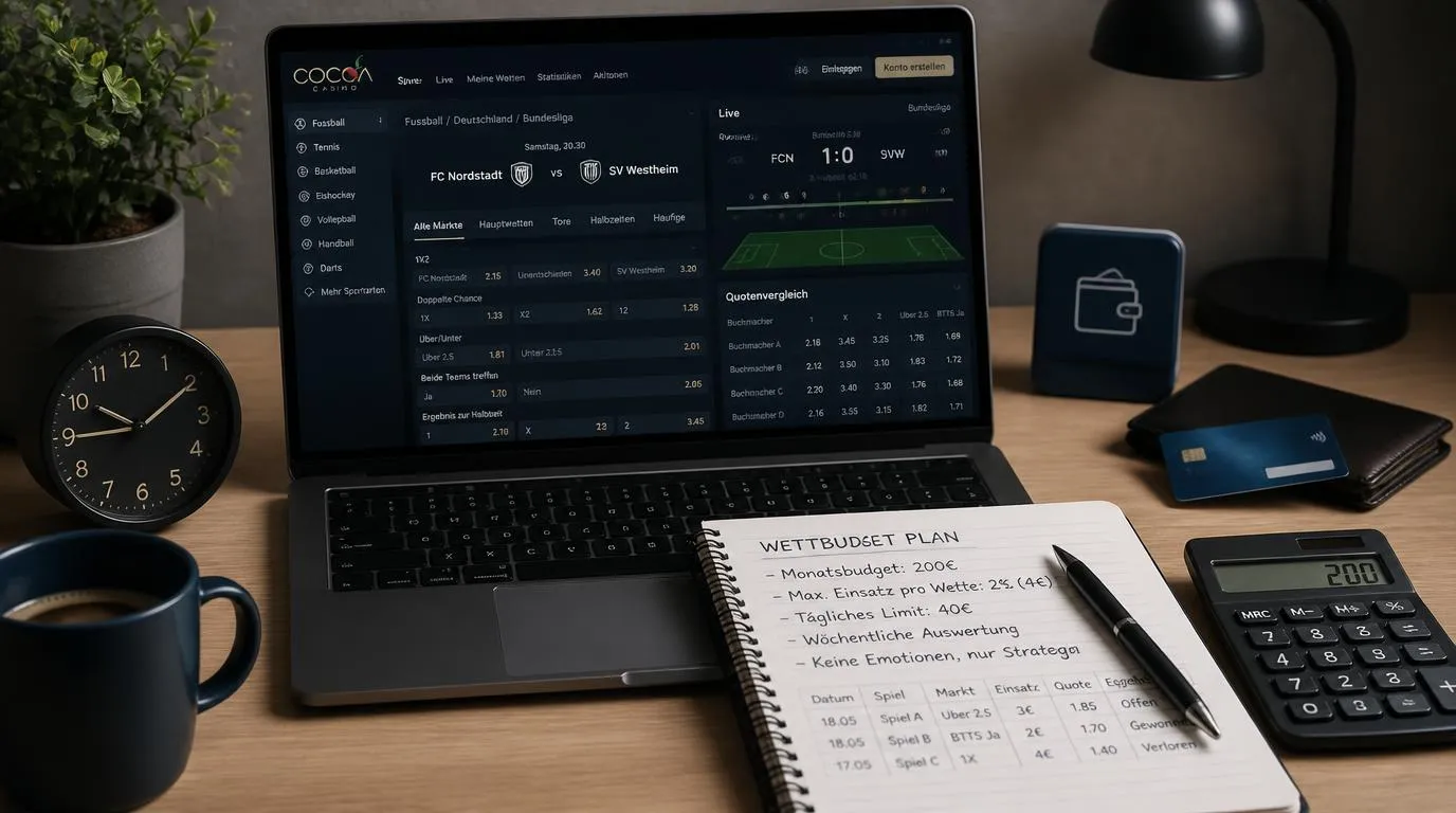 Sportwetten-Analyse mit Quotenvergleich, Einsatzplan und klarer Budgetgrenze auf einem Bildschirm
