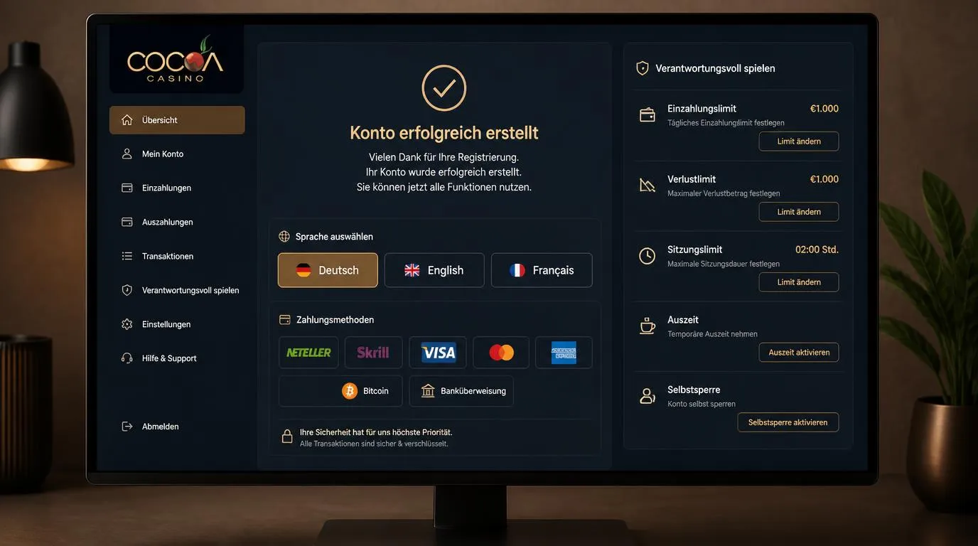 Registrierungsbereich eines Online-Casinos mit Zahlungsarten, Spracheinstellung und Kontolimits