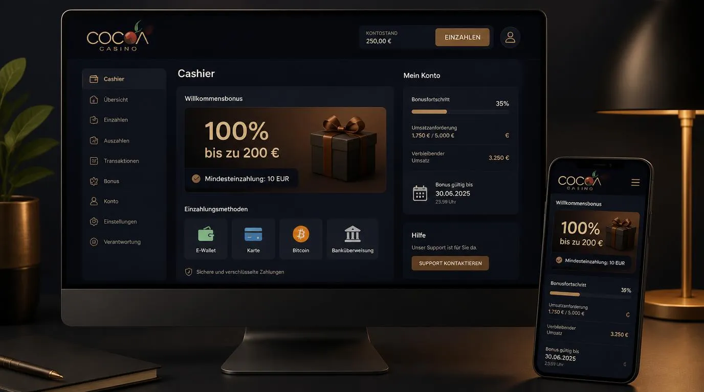 Kassenbereich eines Online-Casinos mit aktivem Willkommensbonus und Auswahl der Zahlungsart