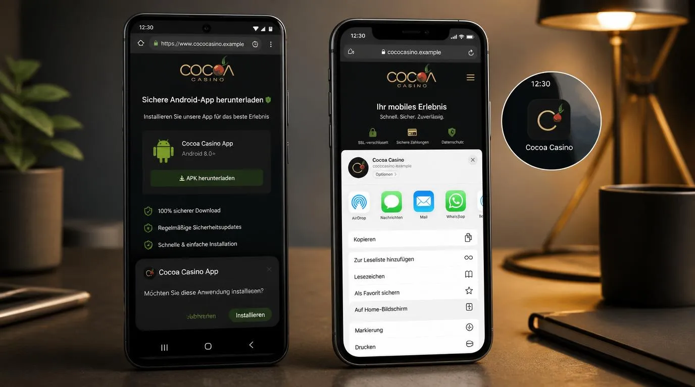 Android-Smartphone mit APK-Download und iPhone mit angeheftetem Web-App-Symbol