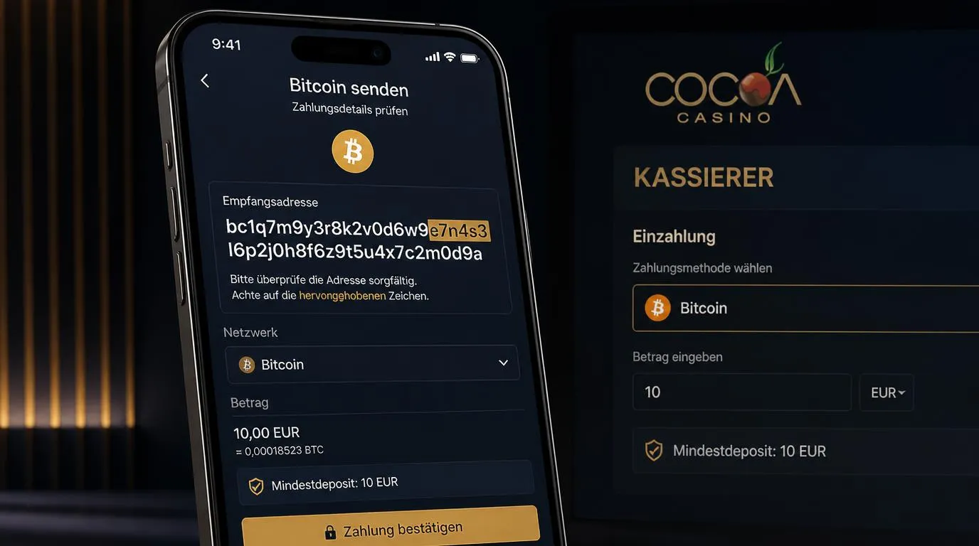 Bitcoin-Wallet mit überprüfter Empfangsadresse und ausgewähltem Blockchain-Netzwerk vor der Einzahlung