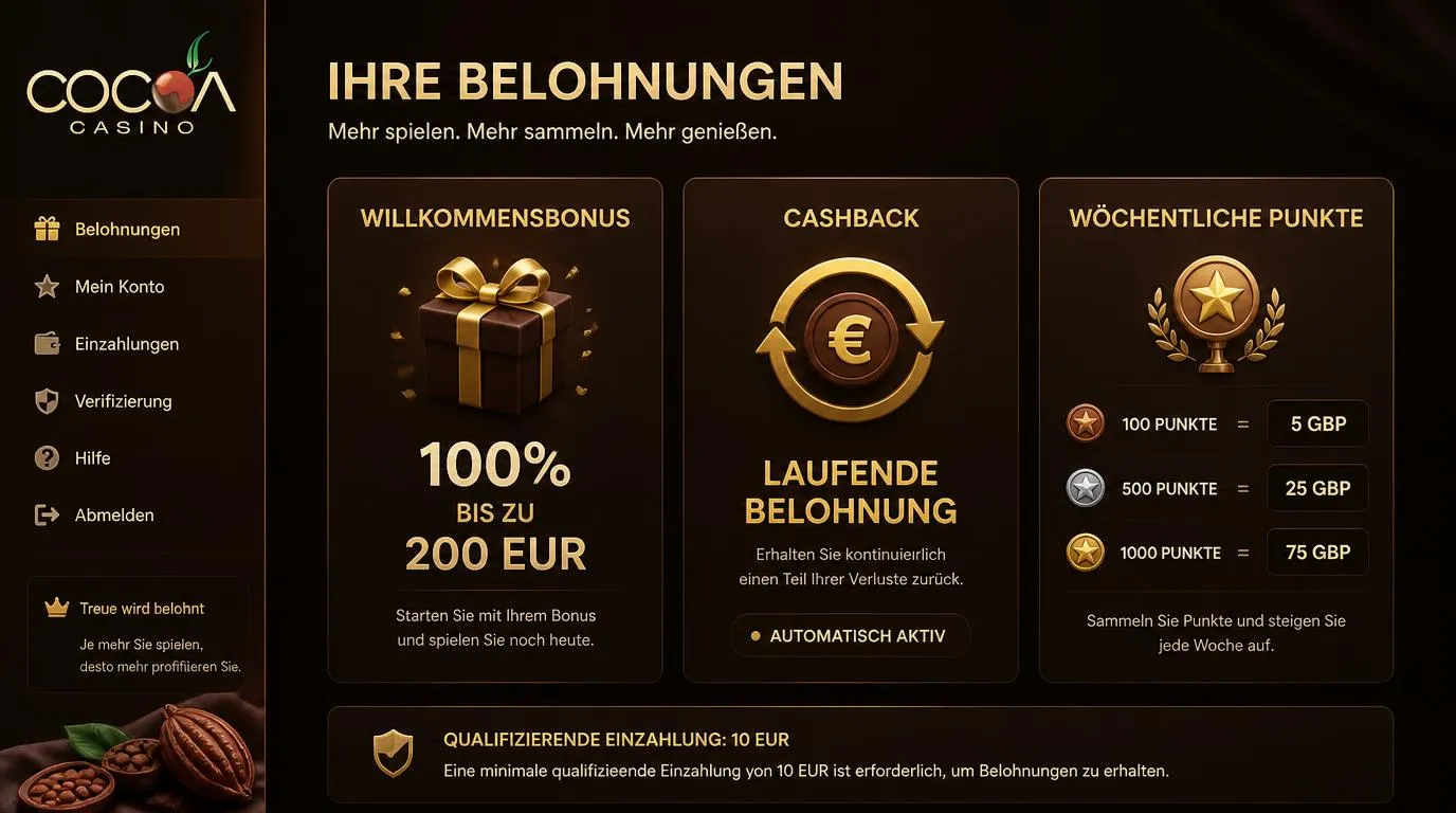 Bonusübersicht mit Willkommensangebot, Cashback und wöchentlichen Punkteprämien für deutsche Casinospieler