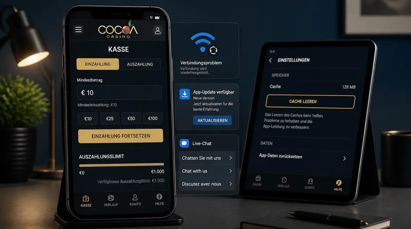 Smartphone mit Kassenbereich, WLAN-Symbol und Live-Chat für mobile Casino-Hilfe