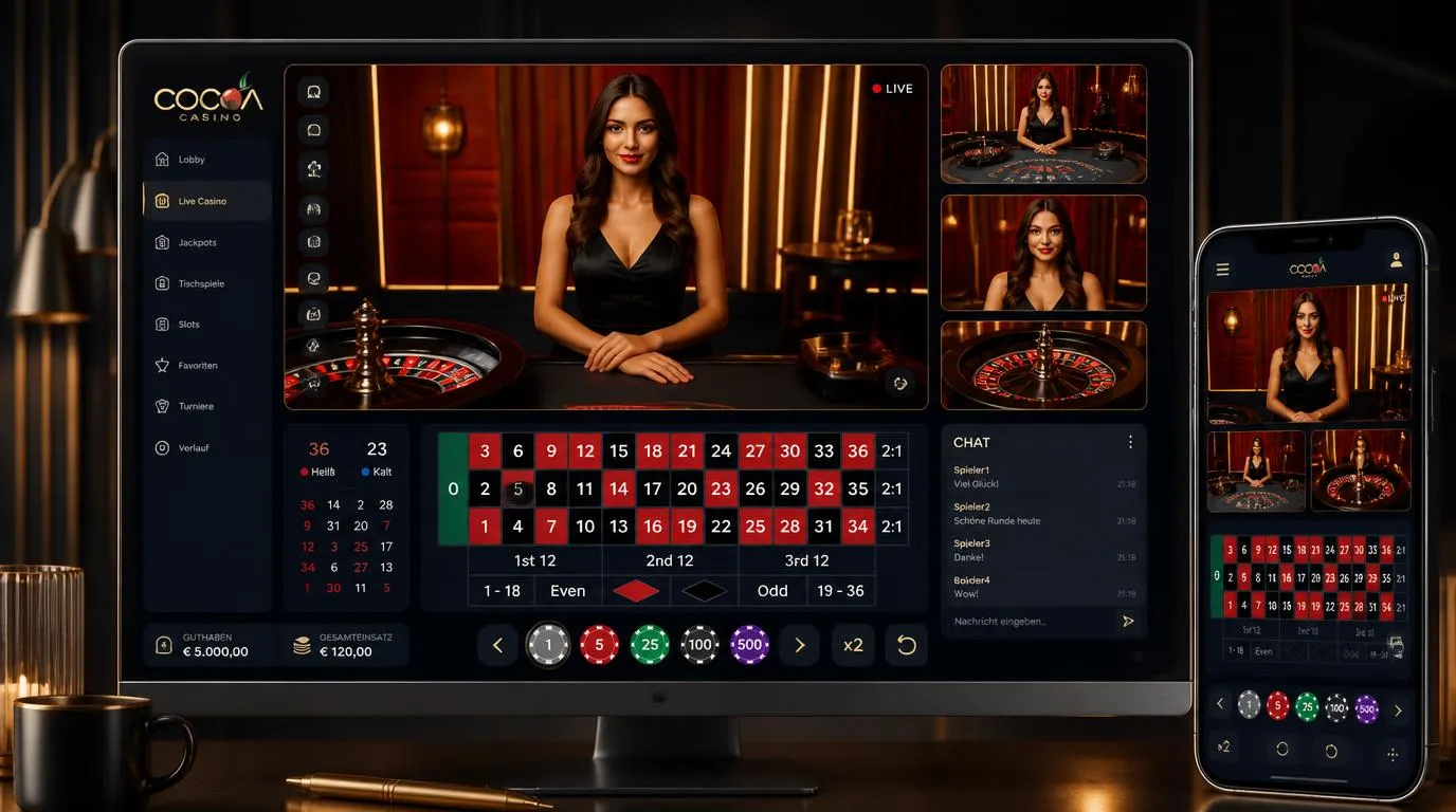 Live-Casino-Tisch mit Dealer, mehreren Kamerawinkeln, Chatfenster und übersichtlicher Einsatzleiste