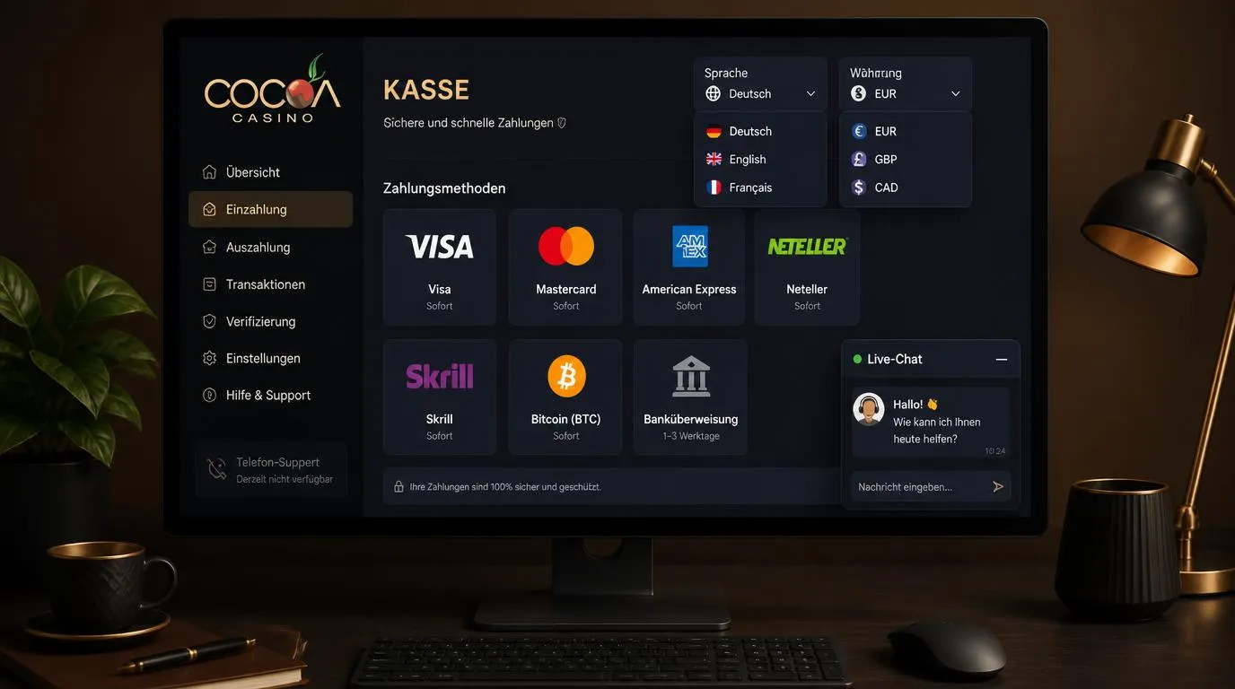 Kassenbereich eines Online-Casinos mit Sprachwahl, EUR-Auswahl, Karten, E-Wallets und Live-Chat