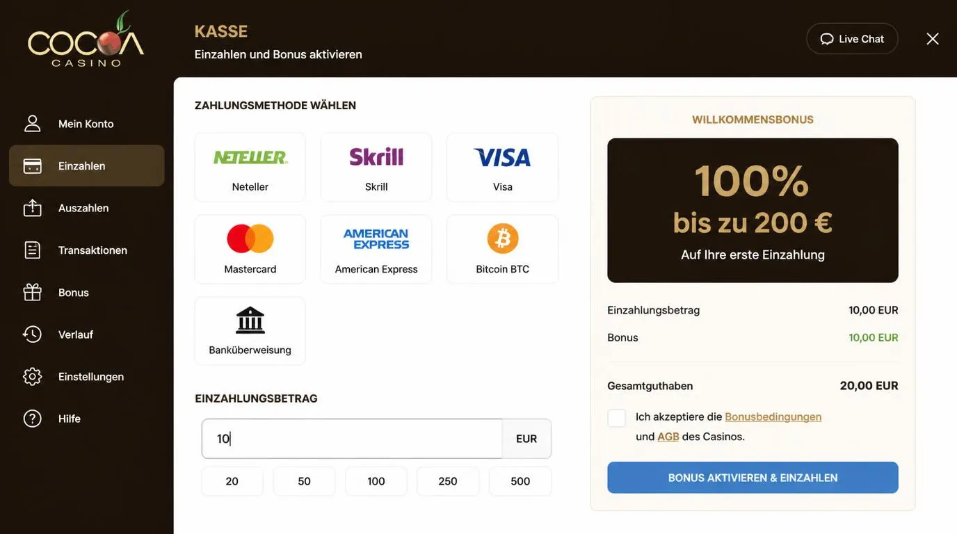 Kassenbereich mit Bonusauswahl, Einzahlung von 10 EUR und mehreren Zahlungsarten